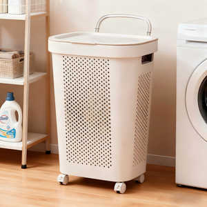 Panier à linge couvert en plastique extra large à roulettes Panier à linge sale simple pour chambre à coucher, salle de bain et salon - Product Image 1