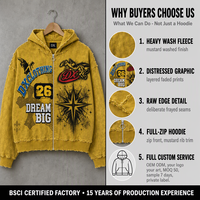 Sweat à capuche zippé graphique vieilli 360 g/m² avec bords bruts, lavage intensif, fermeture éclair métallique, marque privée, streetwear, OEM ODM, personnalisé en atelier