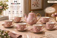 Service à thé en céramique délicat de 13 pièces, motif fleurs roses, avec bordure dorée, théière en porcelaine, 6 tasses et soucoupes, OEM pour salon de thé