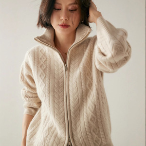 Suéter cárdigan de Cachemira de peso pesado con cuello de solapa de punto de cable con cremallera de doble cara para <span class=keywords><strong>mujer</strong></span> - Product Image 3