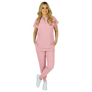 Women Scrub Set Pink Knitted Moisture Wicking Hospital Uniforms Split Set - Product Image 1