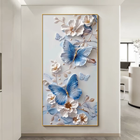 Peinture murale encadrée verticale en porcelaine cristalline avec motif de papillon bleu 3D pour l'entrée, le couloir, décoration murale de luxe pour la maison