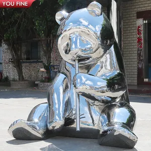 Outdoor Moderne Metalen Dier Chinese Beer Rvs Panda Standbeeld Sculptuur