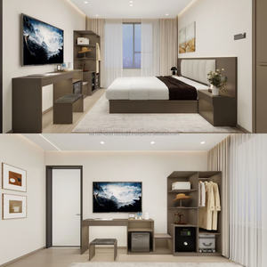 Ensemble de meubles de chambre à coucher modernes et abordables pour suite d'hôtel 3 étoiles ou appartement, avec lit, table de chevet, armoire et meuble TV - Product Image 2