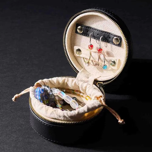 Round PU Leather Zipper Jewelry Box Portable Travel Jewelry Organizer with <b>Drawstring</b> <b>Pouch</b> Inside Case for Rings Earrings Neck - Product Image 5