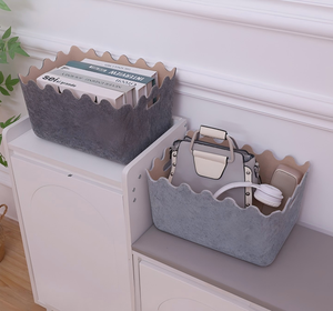 Cesta de almacenamiento portátil de fieltro con borde ondulado, organizador de libros, caja de almacenamiento integrada para juguetes con asa. - Product Image 3