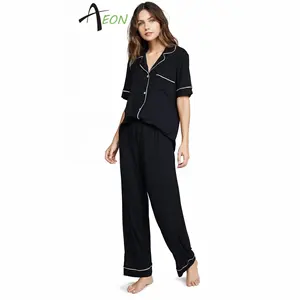 Женский модальный хлопковый бамбуковый PJ на заказ одежда для отдыха Пижама с коротким рукавом и брюки PJ комплект для мужчин