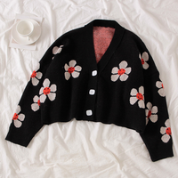 Manteau en tricot élégant de style académique à fleurs, col en V, pull cardigan pour le printemps et l'automne avec fermeture à simple boutonnage