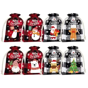 Merry Christmas Linen Santa Sack Gift Bag Plaid Storage Packing Xmas Decor Drawstring Jewelry Candy Pouch Bag For Party Gift