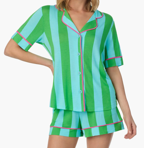 Completo Pigiama Donna Casual Verde a Righe con Colletto Rovesciato, Maniche Corte <span class=keywords><strong>e</strong></span> Pantaloncini, Morbido Abbigliamento da Notte Femminile - Product Image 2