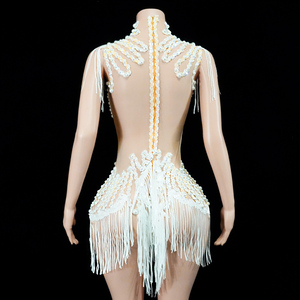 Justaucorps en maille à franges de perles blanches Pearl Couture Regal Swan, couleur ivoire, pour Gala, Diva, Mariage, Showgirl, Performer, Costume de scène - Product Image 3