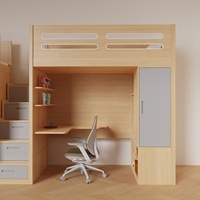 Lit superposé double en bois naturel pour enfants avec bureau intégré, armoire et tiroirs pour chambre d'enfants partagée