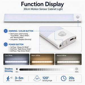 30cm Motion Sensor Cabinet <b>Light</b> <b>LED</b> Under Cabinet Lamp Magnetic 3 Color Stepless <b>Dimmable</b> Wireless Portable - Product Image 2