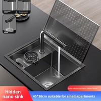 Fregadero oculto moderno que ahorra espacio, de acero inoxidable 304, de un solo tazón con cubierta para encimera, ideal para cocinas compactas.