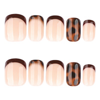 Faux ongles carrés courts à presser, 24 pièces, rose nude avec imprimé français marron et écaille de tortue, pointes d'ongles brillantes pour femmes, usage quotidien automne
