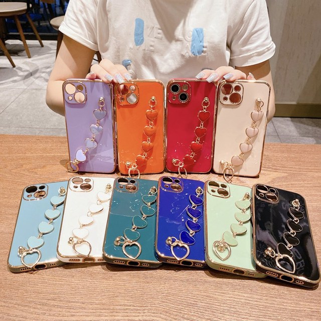 Soft TPU 3D Heart Plating with Bracelet Bumper Back Cover for iphone 14 13 12 11 Promax Luxury Electroplated Chain Strap