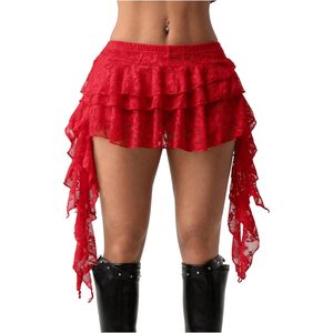 FOXA Women's <b>Lace</b> Asymmetrical Ruffle Mini Skirt <b>Elastic</b> Waist Boho Western Flowy Cute Skirt For Concert Party Rave - Product Image 1
