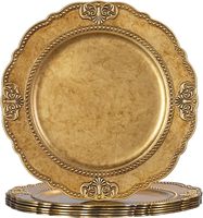 Assiettes rondes dorées en plastique de 13 pouces, à motifs en relief, style antique, pour mariage et réceptions