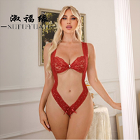 8052 Body Teddy Femme Sexy en Dentelle Orné de Perles, Entrejambe Ouvert, Ensemble de Lingerie 3 Pièces, Costume de Cosplay, Vêtements de Nuit, Vente en Gros Usine