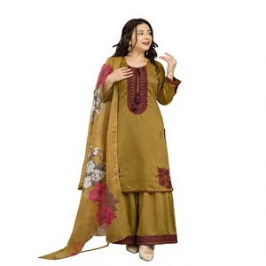 Women YellowcCotton <b>Kurti</b> With Maroon Embroidery Palazzo Set Loose Fit Floor Length Traditional <b>Indian</b> Pakistani Style - Product Image 1