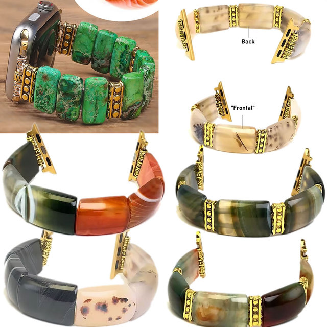Natural Agate Stone Apple Watch Leather Strap Healing Beaded Band Smartwatch Elastic line Bracelet For Iwatch Series Accessories