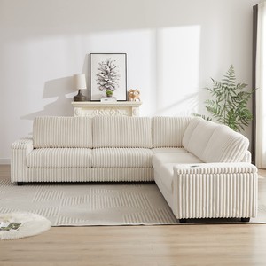 Oversized L-Shaped Corduroy Corner Sofa Set Modern Design Two <b>Storage</b> Spaces <b>USB</b> Type-C Port Cup Holder Deep Seat Living Room - Product Image 4