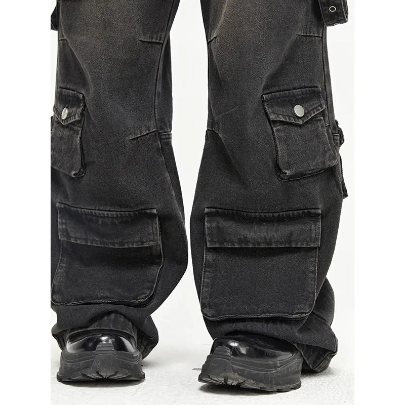 Pronto para enviar unisex solto ajuste de carga jeans estoque preço barato vintage wide-leg denim pants com bolso múltiplo baixo moq jeans homem
