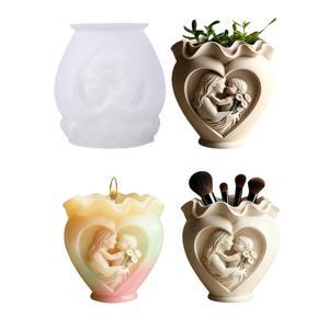 3D exquis coeur contour mère tenant l'enfant graphique bricolage Silicone ciment résine plâtre Pot de fleur Vase bougie pot moule - Product Image 1