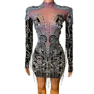 2023 Boutique Mesh Crystal Tassel Party Gowns Dance paillettes Evening Cocktail Dress Plus Size Women Diamond Mini Club Prom Dress
