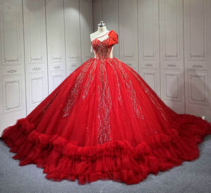 Mumuleo Vestido Rojo de Quinceañera de Un Solo Hombro sin Mangas para Fiesta de 15 Años con Volantes Estilo Princesa y Lazo - Product Image 1