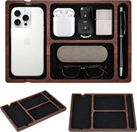 Plateau de rangement multi-emplacements en bois d'acacia avec surface en cuir, organisateur de bureau EDC, plateau de rangement pour clés et téléphone pour table de chevet, bureau et chambre