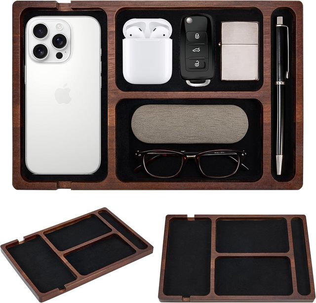 Multi-Slot Acacia Wood Valet Tray Leather Surface Desktop EDC Organizer Nightstand Key Phone Storage Tray for Office Bedroom