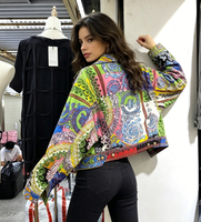 Veste en jean courte pour femme, style vintage baroque floral, imprimé paisley coloré, coupe trucker