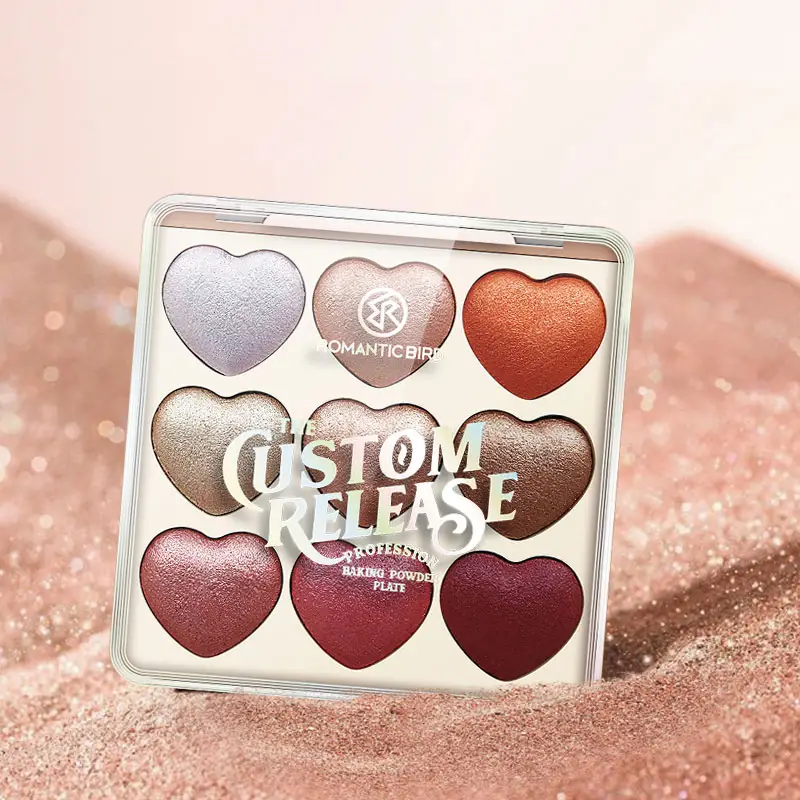 Romantic Bird Metallic Eye Shadow Palette New Arrival 9 Colors Glitter Highlighter Blush 3 in 1 Private Label Baking Powder