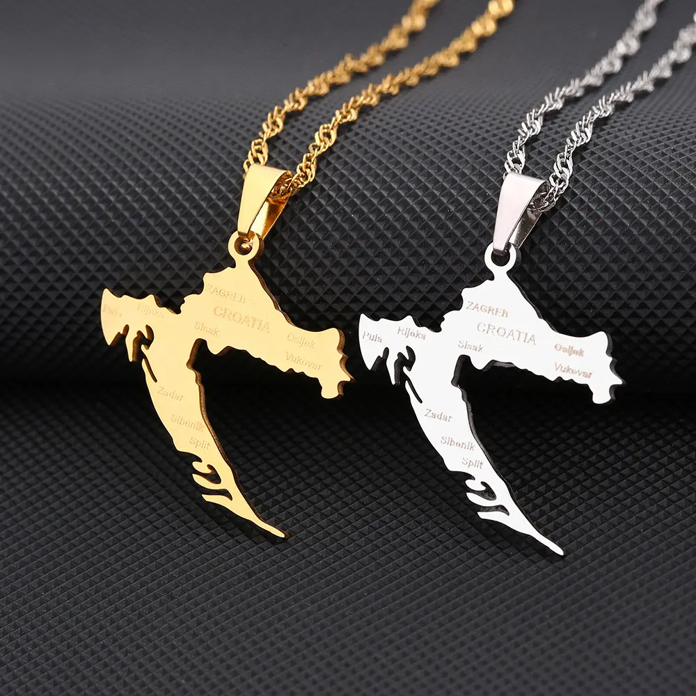 SC Jewelry Hip Hop Stainless Steel Charm Necklace Gold Silver Chain Necklace Punk Geometric Croatia Map Necklace for Men