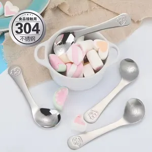 Cute 304 Stainless Steel Kid Spoon Slanting Mouth Baby Feeding Spoon Set With Cartoon Logo