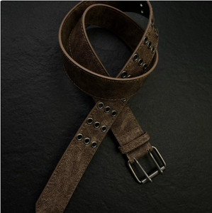 Robuster Retro-Gürtel 3,8 cm Breite 105 cm Länge Braunes Leder Antik-Silber-Schnalle Mehrere Metallösen Punk Industrial - Product Image 2