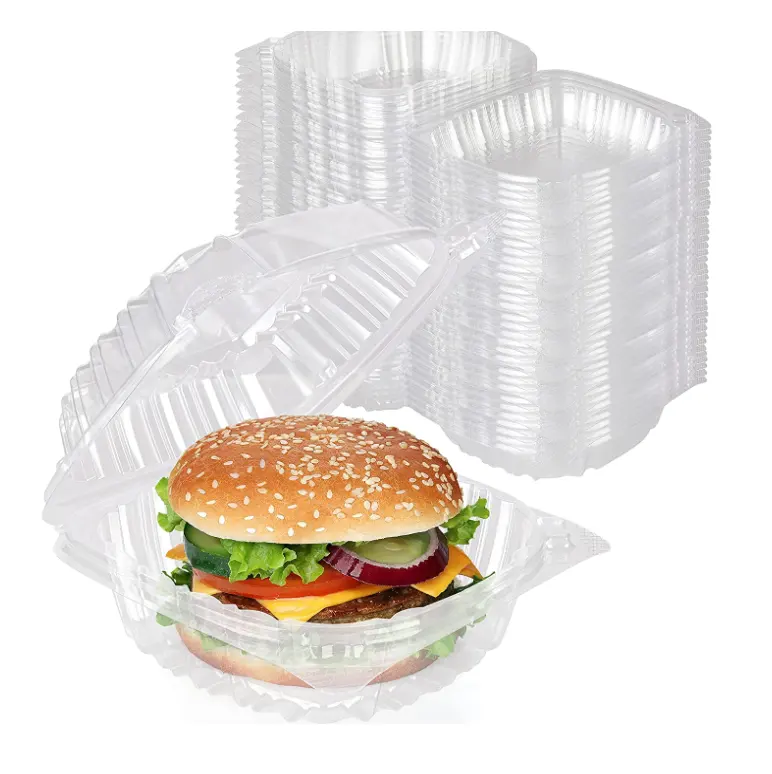 Récipient alimentaire à charnière en plastique transparent 5*5 Emballage alimentaire rapide en plastique jetable Emballage à emporter clair à clapet Contenir