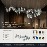 Lustre en verre à feuilles dentelées uniques, style art contemporain, avec pendentifs en cristal cyan et transparent, idéal pour l'éclairage des halls d'hôtel et des escaliers