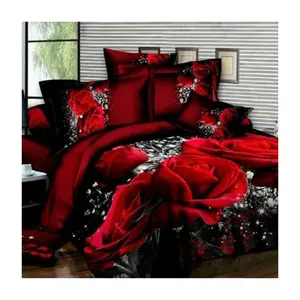 3D印花床上用品婚礼装饰罩床单枕套浪漫红玫瑰3pcs床上用品套装
