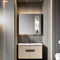 Ensemble meuble de salle de bain minimaliste moderne en acier au carbone Bassin en céramique haute température Miroir de courtoisie suspendu Vanités faciles à nettoyer