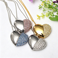 Kalung Antarmuka 2.0 Baru Bentuk Hati Logam Custom Berlian USB Flash Drive 32GB 128GB Penyimpanan