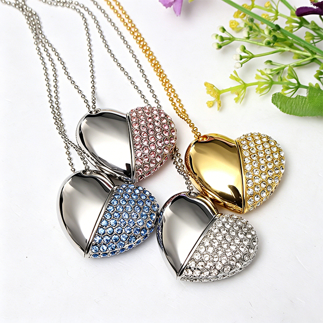 New 2.0 Interface Necklace Heart Shape Metal Custom Diamond USB Flash Drive 32GB 128GB Storage