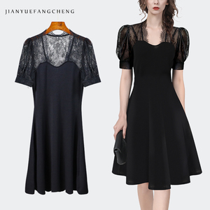 OEM&ODM Gaun Wanita Hitam Model A-line Klasik Hepburn dengan Aksen Renda, Kain Rajut Elastis, <span class=keywords><strong>Patchwork</strong></span>, Lengan Mengembang, dan Pinggang Ketat, Dapat Dipesan Sesuai Keinginan - Product Image 1