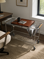 Chariot de service mobile moderne en acier inoxydable à 4 roues, plateau en bois massif, paniers doubles en maille, idéal pour cuisine et salon – Vente directe usine