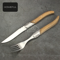 Couverts de luxe avec manche en bois d'olivier Couteau et fourchette à steak Laguiole en acier inoxydable