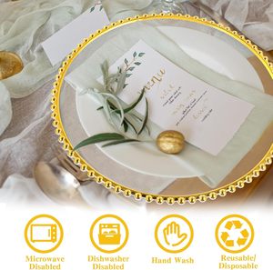 Assiette de Présentation Ronde en Plastique Transparente de 13 Pouces avec Bord Doré et Perles Dorées, Argentées et Noires – Offre Spéciale Décoration de Mariage - Product Image 4