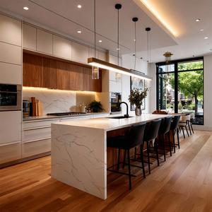 Armoires de cuisine en bois massif personnalisées BALOM, style minimaliste moderne, îlot de cuisine nordique avec design en bois et plan de travail en pierre de quartz - Product Image 2