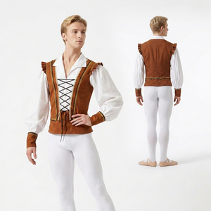 Costume de ballet médiéval et Renaissance pour homme, gilet marron à lacets, manches blanches bouffantes, tenue de scène de prince noble - Product Image 1