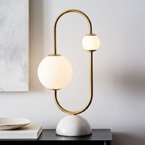Lámpara de Mesa Moderna con Base de Mármol Blanco y Pantalla de Doble Cristal en Color Dorado para el Hogar - Product Image 1